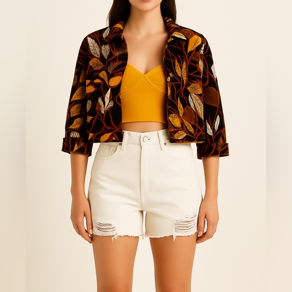 RUBY RD Leaf Print Cropped Jacket | 4P | Yellow Multi | Retro Safari Style - Picture 3 of 14